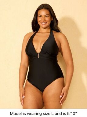 NWT Shade & Shore Long Torso U-Wire Halter Plunge One Piece Swimsuit Black XL